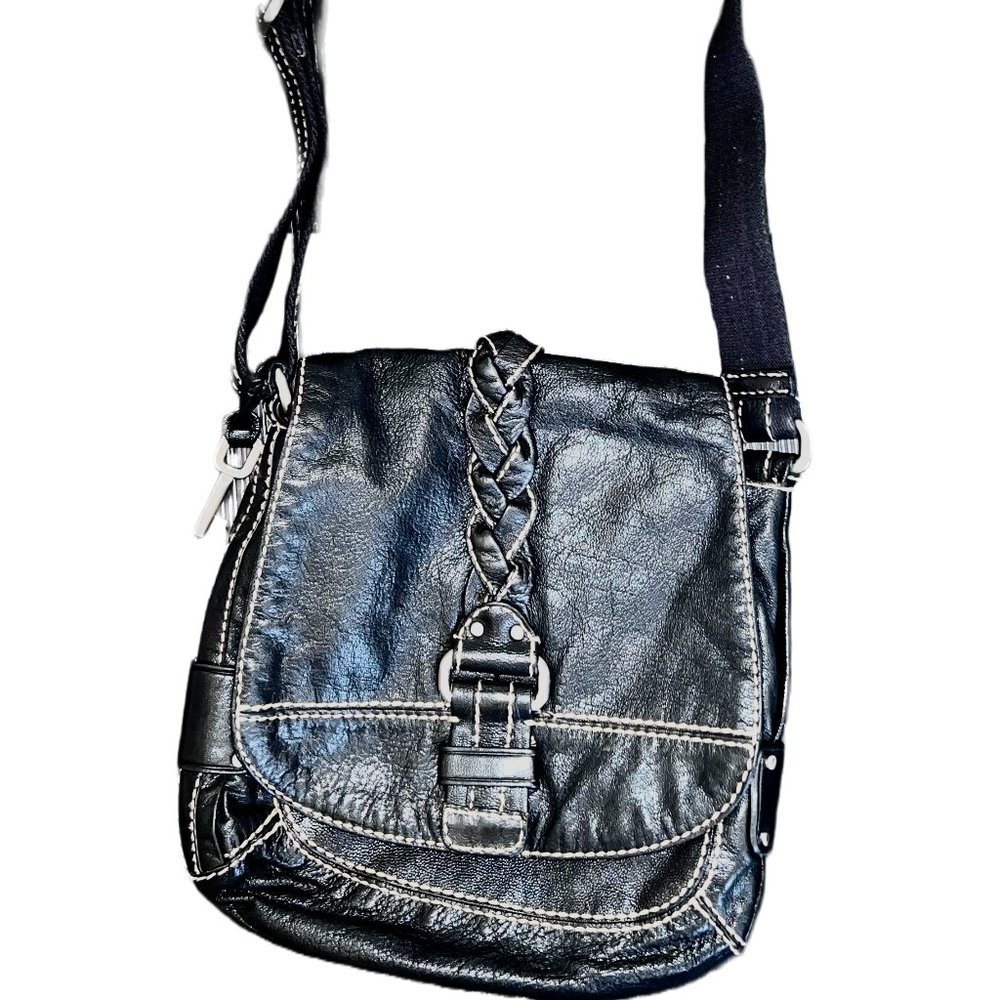 Fossil Black Leather Medium Crossbody Braided Flap Shoulder Bag Purse Magnetic